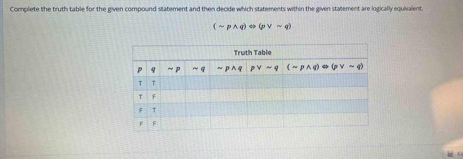 Complete the truth table for the given compound statement and then decide which statements within the given statement are logically equivalent.
(sim pwedge q)Leftrightarrow (pvee sim q)
K