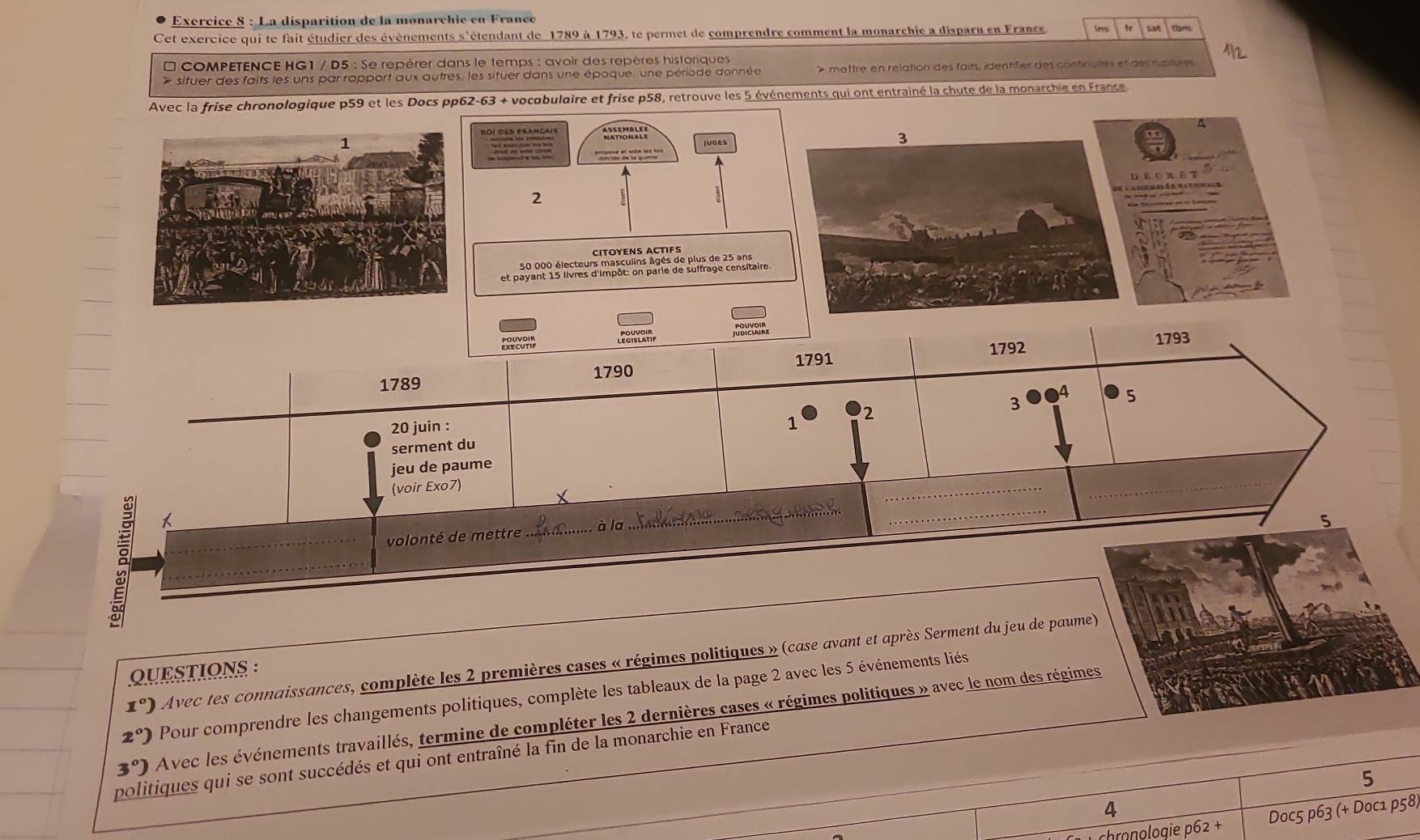 Exercice § : La disparition de la monarchie en France 
Cet exercice qui te fait étudier des évènements s'étendant de 1789 à 1793, te permet de comprendre comment la monarchie a disparu en France 
thm 
* COMPETENCE HG1 / D5 : Se repèrer dans le temps : avoir des repères historiques 
* situer des faits les uns par rapport aux autres, les situer dans une époque, une période donnée * mettre en relation des faits, identifier des continuités et des ruptures 
Avec la frise chronologique p59 et les Docs pp62-63 + vocobuloire et frise p58, retrouve les 5 événements qui ont entrainé la chute de la monarchie en France 
ROI OES FRANCAIS 
Con e 3
JUGES 
mose at wode led hov. 
2 
CITOYENS ACTIFS 
1792 1793 
1789 1790 1791 
3
5
20 juin : 
serment du 1 2
jeu de paume 
_ 
(voir Exo7) 
_ 
_ 

volonté de mettre . _à la 
_ 
_ 
5
I°) Avec tes connaissances, complète les 2 premières cases « régimes politiques » (case avant et après Serment du jeu de paume) 
QUESTIONS :
2°) Pour comprendre les changements politiques, complète les tableaux de la page 2 avec les 5 événements liés
3°) A vec les événements travaillés, termine de compléter les 2 dernières cases « régimes politiques » avec le nom des régimes 
politiques qui se sont succédés et qui ont entraîné la fin de la monarchie en France 
5 
4 
chronologie p62 + Doc5 p63 (+ Doc1 p58)