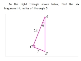 In the right triangle shown below, find the six 
trigonometric ratios of the angle θ.