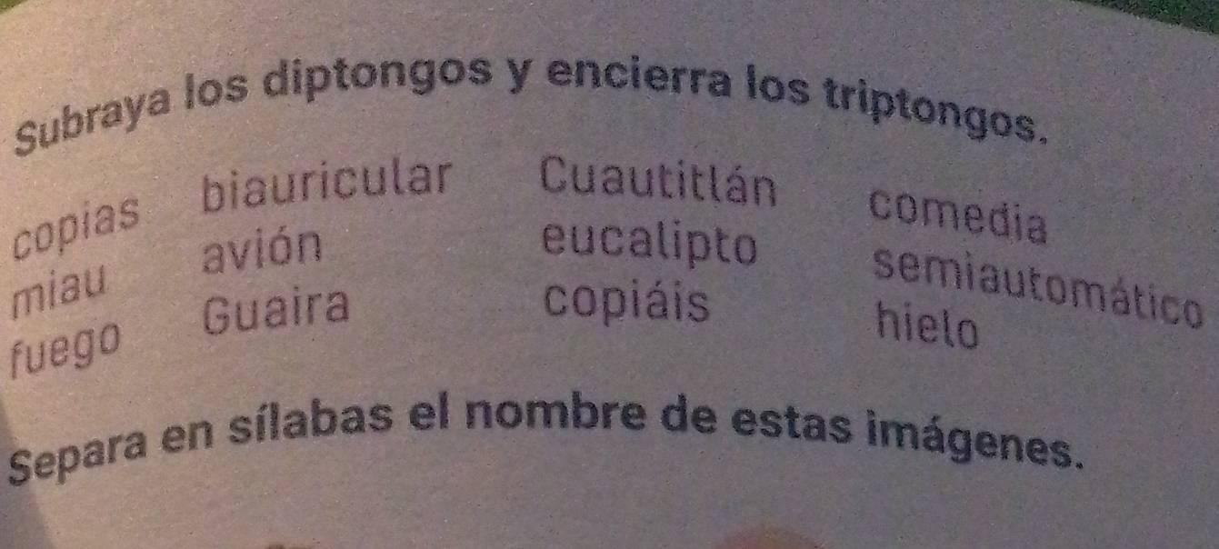 Subraya los diptongos y encierra los triptongos. 
copias biauricular Cuautitlán comedia 
avión eucalipto 
miau 
semiau tomático 
Guaira copiáis 
fuego 
hielo 
Separa en sílabas el nombre de estas imágenes.