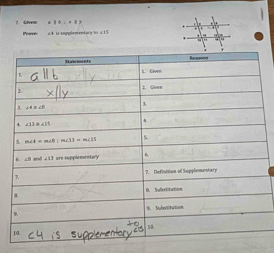 Given: a||b:x||y
Prove: ∠ 4 is supplementary to ∠ 15