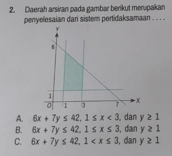 Daerah arsiran pada gambar berikut merupakan
penyelesaian dari sistem pertidaksamaan . . . .
A. 6x+7y≤ 42, 1≤ x<3</tex> , dan y≥ 1
B. 6x+7y≤ 42, 1≤ x≤ 3 , dan y≥ 1
C. 6x+7y≤ 42, 1 , dan y≥ 1