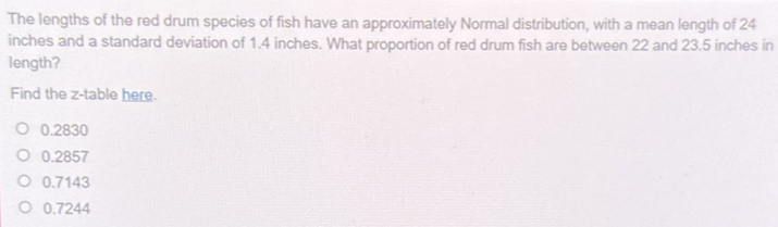 The lengths of the red drum species of fish have an approximately Normal distribution, with a mean length of 24
inches and a standard deviation of 1.4 inches. What proportion of red drum fish are between 22 and 23.5 inches in
length?
Find the z -table here.
0.2830
0.2857
0.7143
0.7244