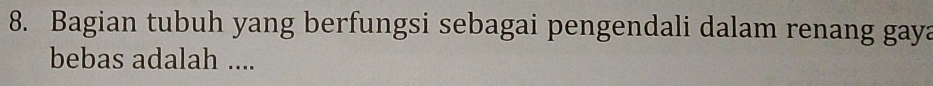 Bagian tubuh yang berfungsi sebagai pengendali dalam renang gaya 
bebas adalah ....