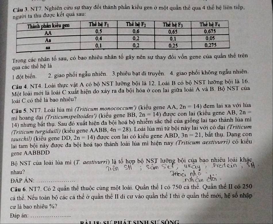 NT7. Nghiên cứu sự thay đổi thành phần kiểu gen ở một quần thể qua 4 thế hệ liên tiếp,
người ta thu được kết quả sau:
Trong các nhân tố sau, có bao nhiêu nhân tố gây nên sự thay đồi vốn gene của quần thể trên
qua các thế hệ là
1 đột biến. 2. giao phối ngẫu nhiên. 3.phiêu bạt di truyền. 4. giao phối không ngẫu nhiên.
Câu 4. NT4. Loài thực vật A có bộ NST lưỡng bội là 12. Loài B có bộ NST lưỡng bội là 16.
Một loài mới là loài C xuất hiện do xảy ra đa bội hóa ở con lai giữa loài A và B. Bộ NST của
loài C có thể là bao nhiêu?
Câu 5. NT7. Loài lúa mì (Triticum monococcum') (kiểu gene AA, 2n=14) đem lai xa với lúa
mì hoang dại (Triticumspeltoides') (kiểu gene BB, 2n=14) được con lai (kiểu gene AB, 2n=
14) nhưng bất thụ. Sau đó xuất hiện đa bội hoá bộ nhiễm sắc thể của giống lai tạo thành lúa mì
(Triticum turgiduiï) (kiểu gene AABB, 4n=28).  Loài lúa mì tứ bội này lai với cỏ dại (Triticum
tauschil) (kiểu gene DD ) 2n=14) được con lai có kiểu gene ABD, 3n=21 , bất thụ. Dạng con
lai tam bội này được đa bội hoá tạo thành loài lúa mì hiện nay (Triticum destivurrì) có kiểu
gene AABBDD
Bộ NST của loài lúa mì (T. aestivurrì) là tổ hợp bộ NST lưỡng bội của bao nhiêu loài khác
nhau?
ĐÁP ÁN:_
Câu 6. NT7. Có 2 quần thể thuộc cùng một loài. Quần thể I có 750 cá thể. Quần thể II có 250
cá thể. Nếu toàn bộ các cá thể ở quần thể II di cư vào quần thể I thì ở quần thể mới, hệ số nhập
cư là bao nhiêu %?
Đáp án:_
rài 18: sư phát sinh sự sống