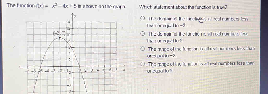 The function f(x)=-x^2-4x+5 is shown on the graph. Which statement about the function is true?
The domain of the functiol is all real numbers less
than or equal to -2.
The domain of the function is all real numbers less
than or equal to 9.
The range of the function is all real numbers less than
or equal to −2.
The range of the function is all real numbers less than
or equal to 9.
-8