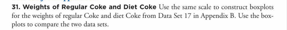 Weights of Regular Coke and Diet Coke Use the same scale to construct boxplots 
for the weights of regular Coke and diet Coke from Data Set 17 in Appendix B. Use the box- 
plots to compare the two data sets.