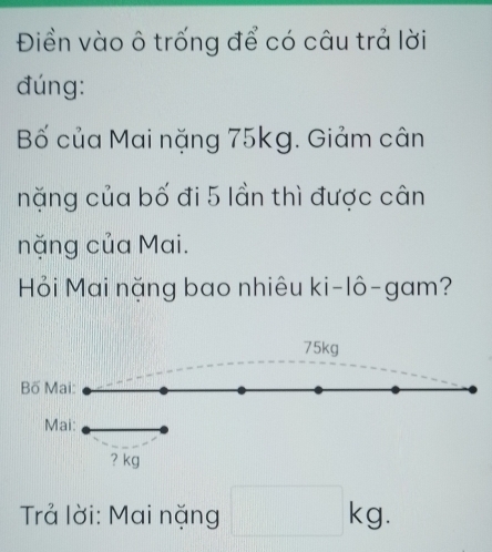 Điền vào ô trống để có câu trả lời 
đúng: 
Bố của Mai nặng 75kg. Giảm cân 
nặng của bố đi 5 lần thì được cân 
nặng của Mai. 
Hỏi Mai nặng bao nhiêu ki-lô-gam?
75kg
Bố Mai: 
Mai: 
? kg
Trả lời: Mai nặng □ kg.