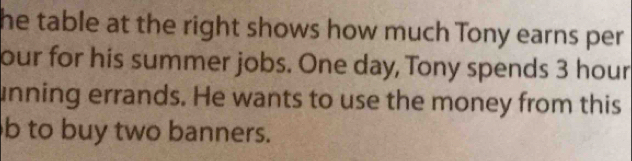 he table at the right shows how much Tony earns per 
our for his summer jobs. One day, Tony spends 3 hour
unning errands. He wants to use the money from this 
b to buy two banners.