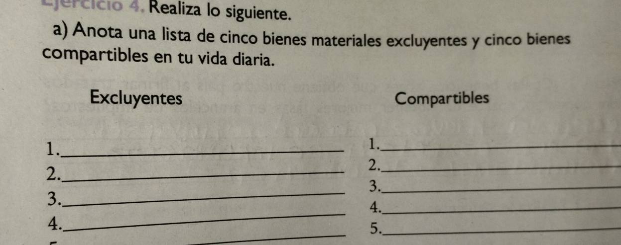 Realiza lo siguiente. 
a) Anota una lista de cinco bienes materiales excluyentes y cinco bienes 
compartibles en tu vida diaria. 
Excluyentes Compartibles 
1._ 
1._ 
2._ 
2._ 
_ 
3._ 
_ 
3. 
4._ 
_ 
4. 
5._