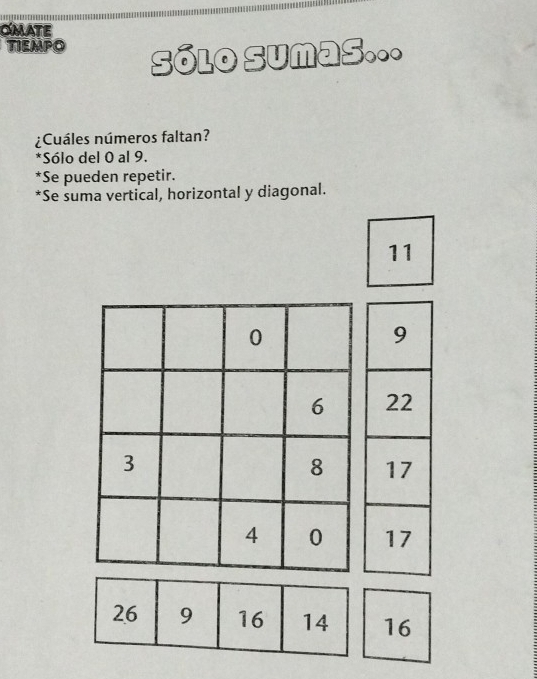 CMAte 
TIEMPO Sólo Sumas... 
¿Cuáles números faltan? 
*Sólo del 0 al 9. 
*Se pueden repetir. 
*Se suma vertical, horizontal y diagonal.
11
16