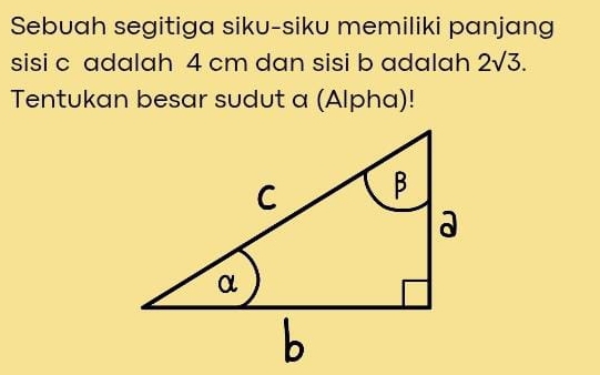 Sebuah segitiga siku-siku memiliki panjang 
sisi c adalah 4 cm dan sisi b adalah 2sqrt(3). 
Tentukan besar sudut a (Alpha)!