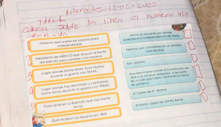 Firmó un acuerdo en donde 
Pretexto que usaron los colonos para aceptaba la independencía de Texas 
independizarse . 
más de EUA 
Presidente de MÉXICO que se puso al trente Terminó por convertirse en un estado 
del eiército para someter a los texanos 
Lugar donde Santa Anna tuvo triuntos San Jacinto 
Que ellos habían jurado la Constitución de 
durante la guerra con TEXAS. 
Lugar donde fue derrotado y capturado 1824 y no estaban obligados a ser parte 
de gobierno 
Santa Anna durante la guerra con TEXAS. de un país que habia cambiado su forma 
Para abtener su libertad, qué hizo Santa El fuerte de El Álamo 
Anna 
Antonio López de Santa Anna 
Qué hicieron los texanos en 1845