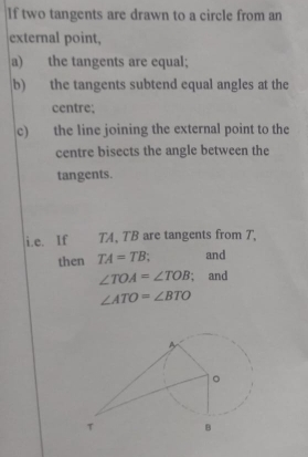 If two tangents are drawn to a circle from an 
external point, 
a) the tangents are equal; 
b) the tangents subtend equal angles at the 
centre; 
c) the line joining the external point to the 
centre bisects the angle between the 
tangents. 
i.e. If TA, TB are tangents from T, 
then TA=TB; and
∠ TOA=∠ TOB; and
∠ ATO=∠ BTO