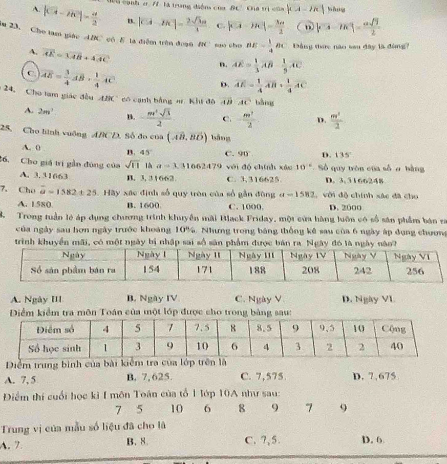 Uệu cạnh c H là trung điểm của BC Ca trị của |CA-IR| bàg
A. |CI-MC|= a/2  B. |vector CAC|= 2sqrt(3)n/3  C. |vector CA-vector PC|= 3a/2  |c4-m|= asqrt(7)/2 
Su 23. Cho tam giáo ABC có E là điệm trên đoạn NC' sao cho BE= 1/4 BC Đầng thức nào sau dây là đùng?
A. overline AE=3overline AB+4overline AC
C. vector AE= 1/4 vector AB·  1/4 vector AC
n. AE= 1/3 AB- 1/3 AC.
D. overline AE= 1/4 overline AH·  1/4 overline AC
24. Cho tam giác đều ABC có cạnh bằng m Khi đô 4 AC bằng
A. 2m^3
n. - m^4sqrt(3)/2  C. - m^2/2 .  m^1/2 
D.
25. Cho linh vuông ABCD, Số đo của (Avector B,BD) bằng
A. 0 B、 45
C. 90° D. 135°
26. Cho giá trị gần đúng của sqrt(11) là a=3.31662479 với độ chính xáo 10^(-6) Số quy tròn của số ở hàng
A. 3.31663 B. 3, 31662. C. 3,316625. D. 3, 3166248
7. Cho overline a=1582± 25 Hãy xác định số quy tròn của số gần đông 1.6= a-1582 với độ chính xác đã cho
A. 1580. B. 1600 C. 1000 D. 2000
8. Trong tuần lẻ áp dụng chương trình khuyền mãi Black Friday, một cửa hàng luôn có số sân phẩm bán sĩ
của ngày sau hơn ngày trước khoảng 10%. Nhưng trong bảng thống kê sau của 6 ngày áp dụng chương
trình khuyển mãi, có một ngày bị nhập sai số sân phẩm được bản ra Ngày đó là ngày nào?
A. Ngày II B. Ngày IV C. Ngày V D. Ngày VI
Điểm kiểm tra môn Toán của một lớp được cho trong bảng sau:
Diểm trung bình của bài kiểm tra củ
A. 7, 5 B. 7,625. C. 7,575. D. 7,675.
Điểm thí cuối học kỉ I môn Toán của tổ 1 lớp 10A như sau:
7 5 10 6 8 9 7 9
Trung vị của mẫu số liệu đã cho là
A.7. B. 8 C. 7,5. D. 6