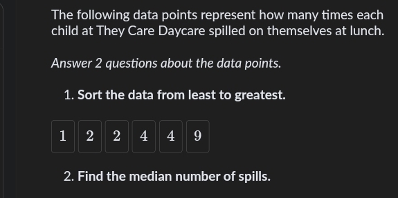 The following data points represent how many times each 
child at They Care Daycare spilled on themselves at lunch. 
Answer 2 questions about the data points. 
1. Sort the data from least to greatest.
1 2 2 4 4 9
2. Find the median number of spills.