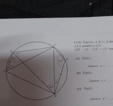 the d|ognan, A. 8, C, D an    ecar  l
∠ BF=42°.∠ DE=12°
(a) Find x
Anwer a= _
(b) Fmnd y.
Anower y= _
(e) Fidz
Anseer z= _