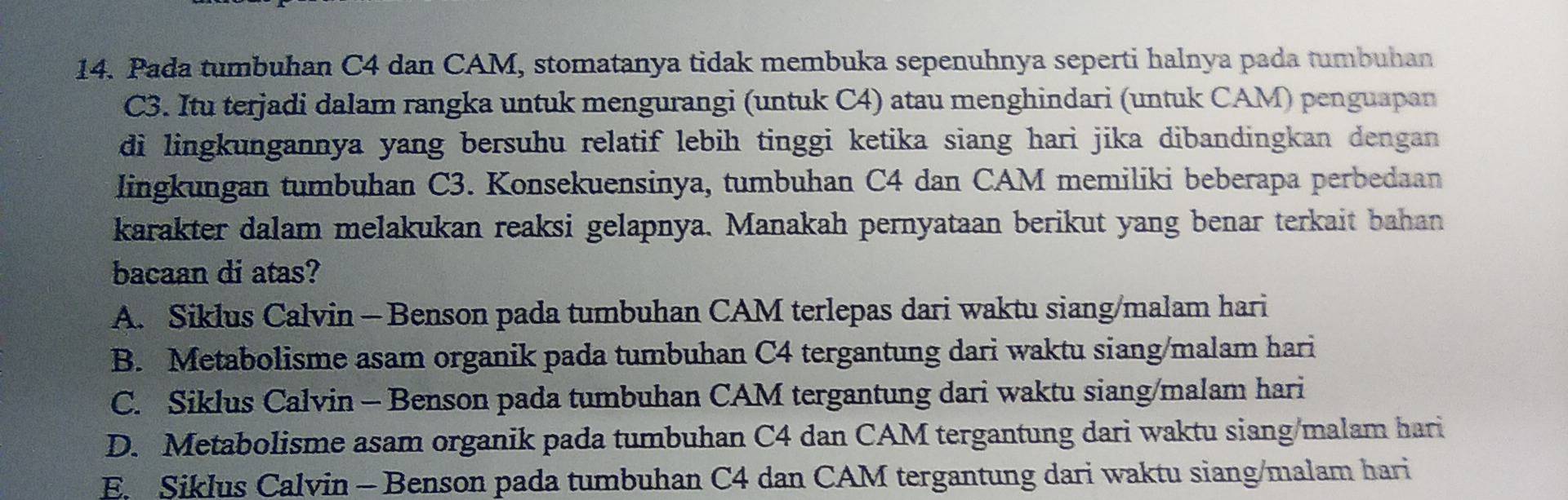 Pada tumbuhan C4 dan CAM, stomatanya tidak membuka sepenuhnya seperti halnya pada tumbuhan
C3. Itu terjadi dalam rangka untuk mengurangi (untuk C4) atau menghindari (untuk CAM) penguapan
di lingkungannya yang bersuhu relatif lebih tinggi ketika siang hari jika dibandingkan dengan 
lingkungan tumbuhan C3. Konsekuensinya, tumbuhan C4 dan CAM memiliki beberapa perbedaan
karakter dalam melakukan reaksi gelapnya. Manakah pernyataan berikut yang benar terkait bahan
bacaan di atas?
A. Siklus Calvin - Benson pada tumbuhan CAM terlepas dari waktu siang/malam hari
B. Metabolisme asam organik pada tumbuhan C4 tergantung dari waktu siang/malam hari
C. Siklus Calvin - Benson pada tumbuhan CAM tergantung dari waktu siang/malam hari
D. Metabolisme asam organik pada tumbuhan C4 dan CAM tergantung dari waktu siang/malam hari
E. Siklus Calvin - Benson pada tumbuhan C4 dan CAM tergantung dari waktu siang/malam hari