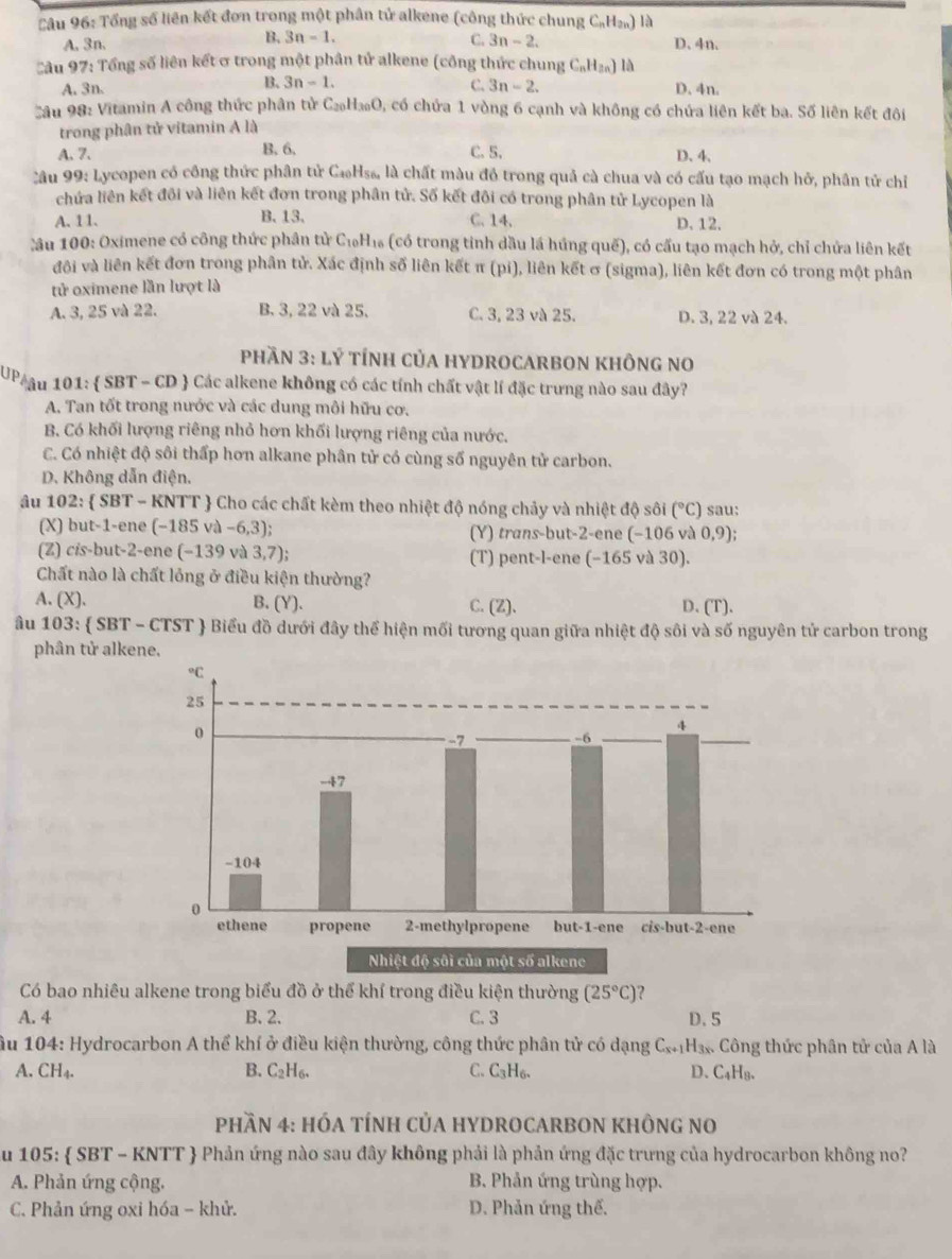 Tổng số liên kết đơn trong một phân tử alkene (công thức chung C_nH_2n) là
B. 3n-1. C.
A,3n. 3n-2. D. 4n.
Câu 97: Tổng số liên kết ơ trong một phân tử alkene (công thức chung C_nH_2n) là
B、 3n-1.
A. 3n. C. 3n-2. D. 4n.
C âu 98: Vitamin A công thức phân tử C _20H_30C 0, có chứa 1 vòng 6 cạnh và không có chứa liên kết ba. Số liên kết đôi
trong phân tử vitamin A là
A. 7. B. 6, C.5, D. 4.
C âu 99: Lycopen có công thức phân tử C_40H_56 l là chất màu đồ trong quả cà chua và có cấu tạo mạch hở, phân tử chỉ
chứa liên kết đôi và liên kết đơn trong phân tử. Số kết đôi có trong phân tử Lycopen là
A. 11. B. 13. C. 14, D. 12.
lâu 100: Oximene có công thức phân tử C_10H_10 5 (có trong tinh dầu lá húng quế), có cấu tạo mạch hở, chỉ chứa liên kết
đôi và liên kết đơn trong phân tử. Xác định số liên kết π (pi), liên kết ơ (sigma), liên kết đơn có trong một phân
tử oximene lần lượt là
A. 3, 25 và 22. B. 3, 22 và 25. C. 3, 23 và 25. D. 3, 22 và 24.
phan 3:LY Tính củA HYDROCARBON khônG no
UP/Au 101:  SBT - CD  Các alkene không có các tính chất vật lí đặc trưng nào sau đây?
A. Tan tốt trong nước và các dung môi hữu cơ.
B. Có khối lượng riêng nhỏ hơn khối lượng riêng của nước.
C. Có nhiệt độ sôi thấp hơn alkane phân tử có cùng số nguyên tử carbon.
D. Không dẫn điện.
âu 102: SBT-KNTT  Cho các chất kèm theo nhiệt độ nóng chảy và nhiệt độ sôi (^circ C C) sau:
(X) but-1-ene (-185va-6,3); (Y) trans-but-2-ene (−106 và 0,9);
(Z) cis-but-2-ene (-139 và 3,7); (T) pent-l-ene (−165 và 30).
Chất nào là chất lỏng ở điều kiện thường?
A. (X). B. (Y). C.(Z)、 D. (T).
ầu 103:  SBT - CTST  Biểu đồ dưới đây thể hiện mối tương quan giữa nhiệt độ sôi và số nguyên tử carbon trong
phân tử alkene.
Có bao nhiêu alkene trong biểu đồ ở thể khí trong điều kiện thường (25°C)
A. 4 B. 2. C. 3 D. 5
ầu 104: Hydrocarbon A thể khí ở điều kiện thường, công thức phân tử có dạng C_x+1H_3x. Công thức phân tử của A là
A. CH_4. B. C_2H_6. C. C_3H_6. D. C4H₈.
PhầN 4: HÓA TÍNH CủA HYDROCARBON KHÔNG NO
Su 105:  SBT - KNTT  Phản ứng nào sau đây không phải là phản ứng đặc trưng của hydrocarbon không no?
A. Phản ứng cộng. B. Phản ứng trùng hợp.
C. Phản ứng oxi hóa - khử. D. Phản ứng thể.