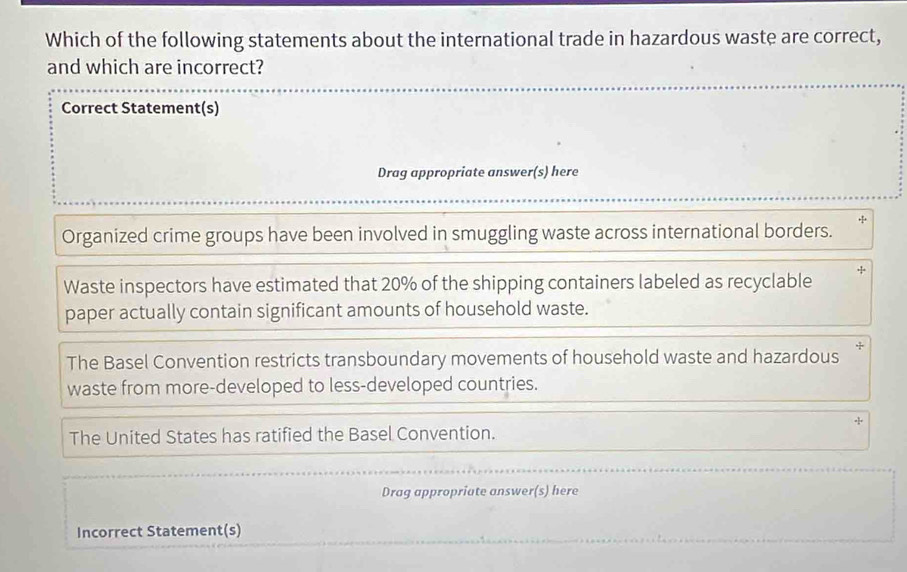 Which of the following statements about the international trade in hazardous waste are correct,
and which are incorrect?
Correct Statement(s)
Drag appropriate answer(s) here

Organized crime groups have been involved in smuggling waste across international borders.
Waste inspectors have estimated that 20% of the shipping containers labeled as recyclable +
paper actually contain significant amounts of household waste.
The Basel Convention restricts transboundary movements of household waste and hazardous +
waste from more-developed to less-developed countries.
The United States has ratified the Basel Convention.
Drag appropriate answer(s) here
Incorrect Statement(s)