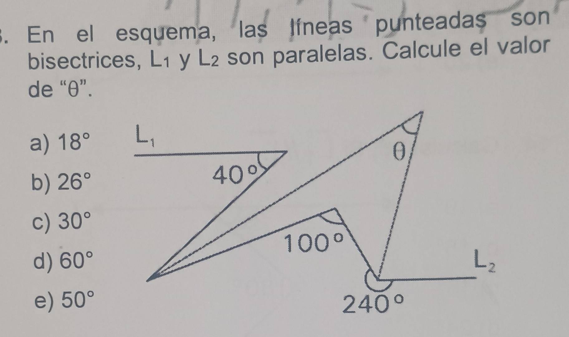 En el esquema, las líneas punteadas son
bisectrices, L_1 ) L_2 son paralelas. Calcule el valor
de “θ”.
a) 18°
b) 26°
c) 30°
d) 60°
e) 50°