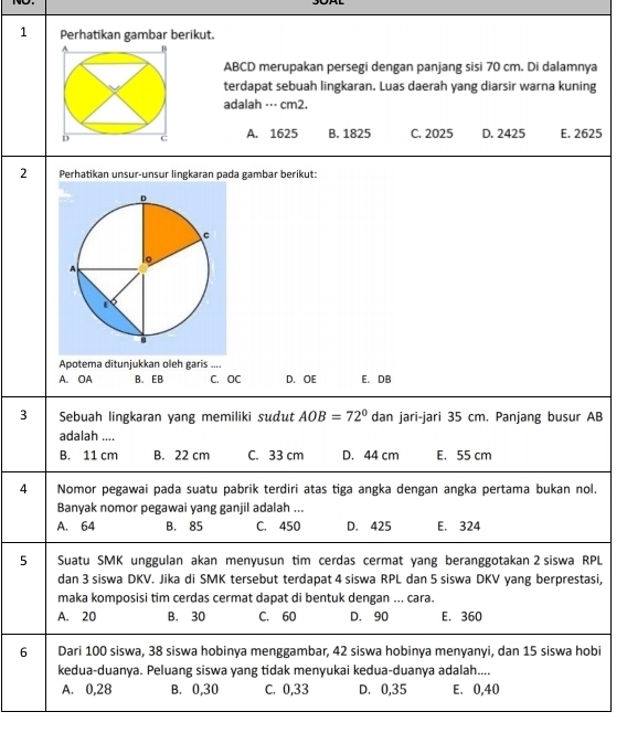 Perhatikan gambar berikut.
ABCD merupakan persegi dengan panjang sisi 70 cm. Di dalamnya
terdapat sebuah lingkaran. Luas daerah yang diarsir warna kuning
adalah ⋅⋅⋅ cm2.
A. 1625 B. 1825 C. 2025 D. 2425 E. 2625
2 Perhatikan unsur-unsur lingkaran pada gambar berikut:
Apotema ditunjukkan oleh garis ....
A. OA B. EB C. OC D. OE E. DB
3 Sebuah lingkaran yang memiliki sudut AOB=72° dan jari-jari 35 cm. Panjang busur AB
adalah ....
B. 11 cm B. 22 cm C. 33 cm D. 44 cm E. 55 cm
4 Nomor pegawai pada suatu pabrik terdiri atas tiga angka dengan angka pertama bukan nol.
Banyak nomor pegawai yang ganjil adalah ...
A. 64 B. 85 C. 450 D. 425 E. 324
5 Suatu SMK unggulan akan menyusun tim cerdas cermat yang beranggotakan 2 siswa RPL
dan 3 siswa DKV. Jika di SMK tersebut terdapat 4 siswa RPL dan 5 siswa DKV yang berprestasi,
maka komposisi tim cerdas cermat dapat di bentuk dengan ... cara.
A. 20 B. 30 C. 60 D. 90 E. 360
6 Dari 100 siswa, 38 siswa hobinya menggambar, 42 siswa hobinya menyanyi, dan 15 siswa hobi
kedua-duanya. Peluang siswa yang tidak menyukai kedua-duanya adalah....
A. 0, 28 B. 0, 30 C. 0, 33 D. 0, 35 E. 0, 40