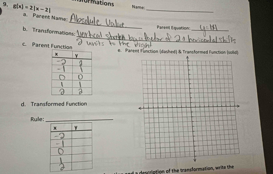 g(x)=2|x-2|
slormations Name: 
_ 
_ 
a. Parent Name: 
Parent Equation: 
_ 
_ 
b. Transformations: 
c. Parent Function 
e. Parent Function (dashed) & Transformed Function (solid) 
d. Transformed Function 
Rule:_
x y
nd a description of the transformation, write the