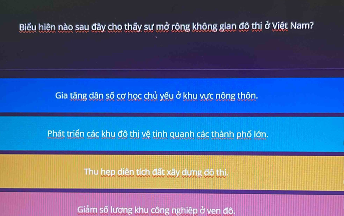 Biểu hiện nào sau đây cho thấy sự mở rộng không gian đô thị ở Việt Nam?
Gia tăng dân số cơ học chủ yếu ở khu vực nông thôn.
Phát triển các khu đô thị vệ tinh quanh các thành phố lớn.
Thu hẹp diên tích đất xây dựng độ thị
Giảm số lương khu công nghiệp ở ven đô.