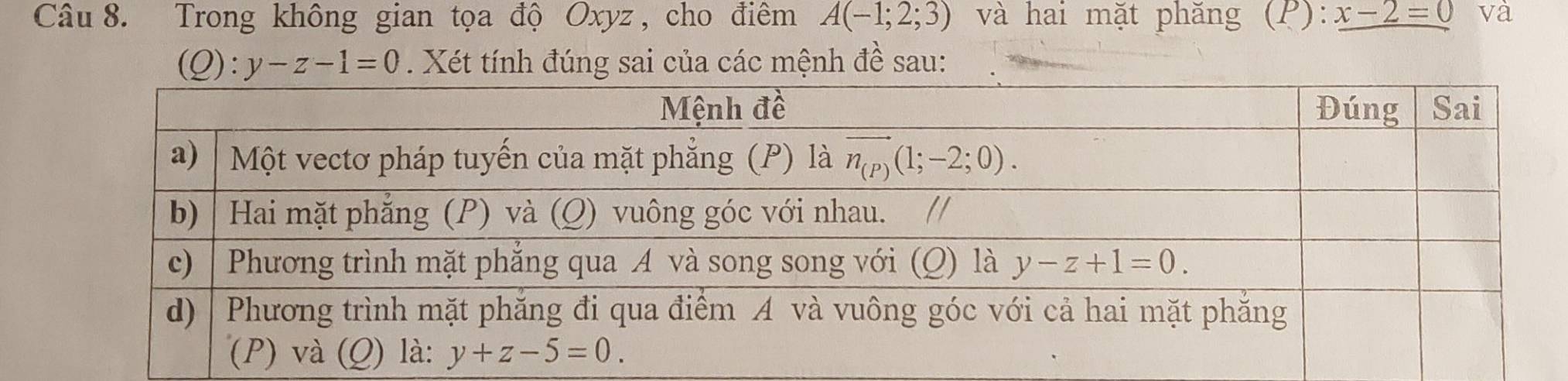 Trong không gian tọa độ Oxyz , cho điêm A(-1;2;3) và hai mặt phăng (P): _ x-2=0 và
(Q):y-z-1=0. Xét tính đúng sai của các mệnh đề sau: