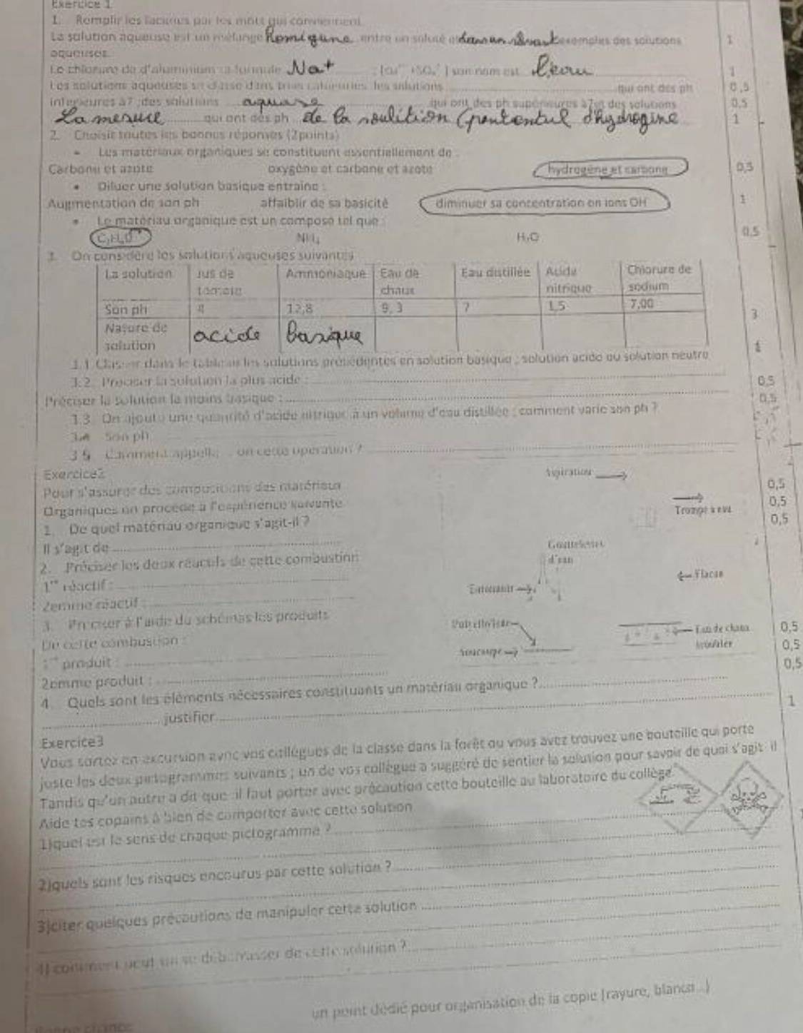 Exércice 1
1. Remplir les lackoes par les mott gia connennent
La solution aqueuse ist un mélange  entre un soluué e _emales des solutions
oqueuson
Le chlorime de d'alammum e fonaule for k ` I som nom est_ 1
L es solutions aqueuses se d ase d ls triss calarures les slutions _σ .5
hui ant des ph
inter eures a?  des slutions _qui ont des ph supéneures à7et des volutions 0.5
oui ant des ph _1
2.  Chaisit mutes les boones réponies (2points)
Les matérinx organiques se constituent assentiallement de 
Carbonu et atoté oxygène et carbone et arote hydrogène et carsone 0,3
Diluer une solution basique entraine :
Aumentation de san ph affaiblir de sa basicité diminuer sa concentration en lons OH
1
Le matériau organique est un compose tel que 0.5
NU1
CELI H,C
_
_
3:2 Precser la solution la plus acide: 0.5
réciser le soluton le moins tésique : 0.5
1.3. On ajouto une quanrité d'acide altriged à un volime d'eau distillée : comment varie son ph ?
juè sān ph
_
3 5  Cament appelk on cete opernion ?
_
Exercicez Agiration
Pour s'assurge des computioons des matérieu 0,5
Organiques en procede a lespénence saivente
Tromge a e v. 0.5
_
2. De quel matériau organique s'agit-il? 0,5
Il s'agit de Gon 
_
2.  Préciser les deux réaculs de cette combustion d'san
== Flacae
_
1^r réactif Estocranit  
Zemma néactif
3 Pr cier à l'aide du schémas les produits
Pub elist
_
Dn cette combustión _ E sn de chana 0.5
Sinca?e _? Aoufler 0,5
;“ produit
2cmme produit :
4.  Quels sont les éléments nécessaires constituants un matériau organique? _0.5
1
_justifier
Exercice3
Vous sortez en excursion avnc vos citilègues de la classe dans la forêt qu vous avez trouvez une bouteille qui porte
juste les deux pirtogranmes suivants ; un de vos collègue a suggéré de sentier la solution pour savoir de quai s'agit il
Tandis qu'un autre a dit que il faut porter avec précaution cette bouteille au laboratoire du collège
Aide tes copains à blen de comporter avec cette solution
_
_ iquel est le sens de chaque pictogramme ?
_
2)quels sont les risques encourus par cette solution ?
_
3jciter queiques précautions de manipuler cette solution
_ll conmen t pout un se déborasser de cettetlution ?
un point dédié pour organisation de la copie (rayure, blanc..)