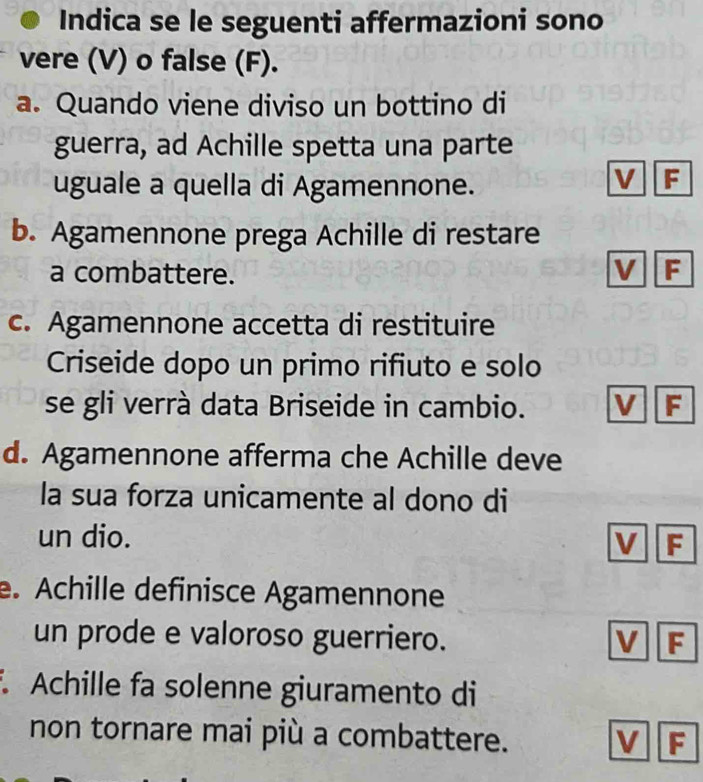 Indica se le seguenti affermazioni sono
vere (V) o false (F).
a. Quando viene diviso un bottino di
guerra, ad Achille spetta una parte
uguale a quella di Agamennone.
V F
b. Agamennone prega Achille di restare
a combattere. V F
c. Agamennone accetta di restituire
Criseide dopo un primo rifiuto e solo
se gli verrà data Briseide in cambio. V F
d. Agamennone afferma che Achille deve
la sua forza unicamente al dono di
un dio.
V F
e. Achille definisce Agamennone
un prode e valoroso guerriero. V F
Achille fa solenne giuramento di
non tornare mai più a combattere. V F