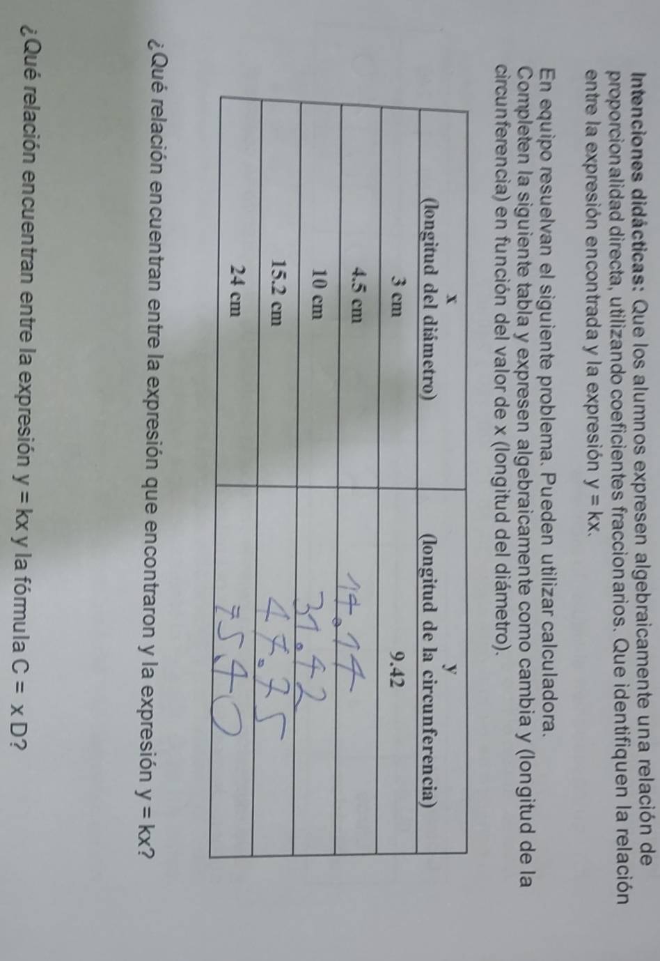 Intenciones didácticas: Que los alumnos expresen algebraicamente una relación de 
proporcionalidad directa, utilizando coeficientes fraccionarios. Que identifiquen la relación 
entre la expresión encontrada y la expresión y=kx. 
En equipo resuelvan el siguiente problema. Pueden utilizar calculadora. 
Completen la siguiente tabla y expresen algebraicamente como cambia y (longitud de la 
circunferencia) en función del valor de x (longitud del diámetro). 
¿Qué relación encuentran entre la expresión que encontraron y la expresión y=kx ? 
¿Qué relación encuentran entre la expresión y=kxy la fórmula C=xD ?