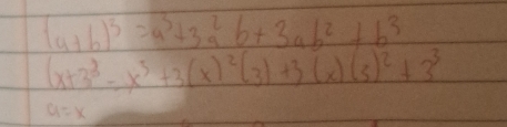 (a+b)^3=a^3+3a^2b+3ab^2+b^3
(x+3^3=x^3+3(x)^2(3)+3(x)(3)^2+3^3
a=x