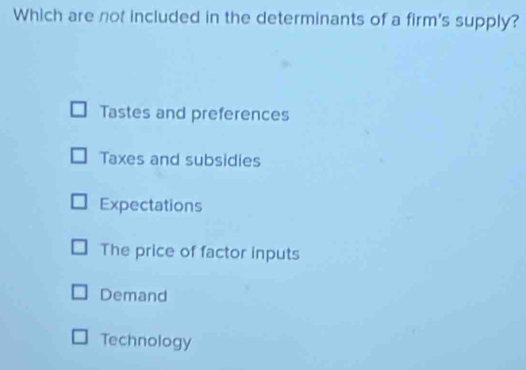 Which are not included in the determinants of a firm's supply?
Tastes and preferences
Taxes and subsidies
Expectations
The price of factor inputs
Demand
Technology