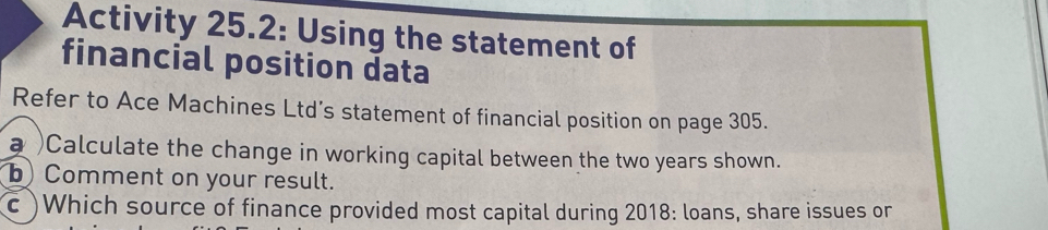 Activity 25.2: Using the statement of 
financial position data 
Refer to Ace Machines Ltd’s statement of financial position on page 305. 
a )Calculate the change in working capital between the two years shown. 
b) Comment on your result. 
c )Which source of finance provided most capital during 2018 : loans, share issues or