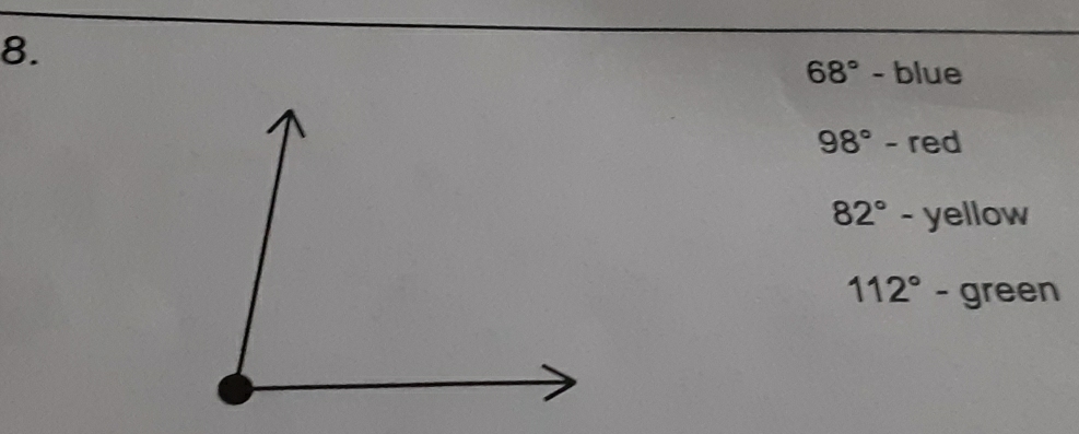 68° - blue
98° - red
82° - yellow
112°- green