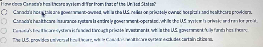 How does Canada's healthcare system differ from that of the United States?
Canada's hospitals are government-owned, while the U.S. relies on privately owned hospitals and healthcare providers.
Canada's healthcare insurance system is entirely government-operated, while the U.S. system is private and run for profit.
Canada's healthcare system is funded through private investments, while the U.S. government fully funds healthcare.
The U.S. provides universal healthcare, while Canada's healthcare system excludes certain citizens.