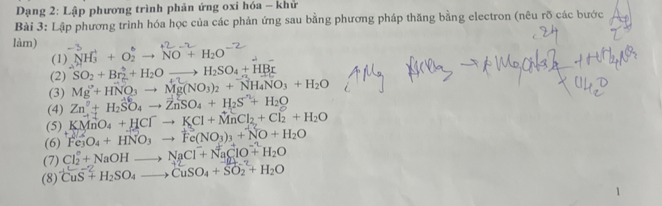 Dạng 2: Lập phương trình phản ứng oxi hóa - khử 
Bài 3: Lập phương trình hóa học của các phản ứng sau bằng phương pháp thăng bằng electron (nêu rõ các bước 
làm) 
(1) NH_3^(++O_2^6to NO+H_2)O
(2) SO_2+Br_2^(6+H_2)Oto H_2SO_4+HBr
(3) Mg^++HNO_3to Mg(NO_3)_2+NH_4NO_3+H_2O
(4) Zn^0+H_2SO_4to ZnSO_4+H_2S^2+H_2O
(5) KMnO₄ + HCl → KCl + MnCl₂ + Cl₂ + H₂O
(6) Fe_3O_4+HNO_3to Fe(NO_3)_3+NO+H_2O
(7) Cl_2^((circ)+NaOHto NaCl^-)+NaClO+H_2O
(8) CuS+H_2SO_4to CuSO_4+SO_2+H_2O