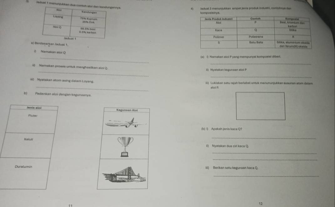 Jadual 1 menunjulkan duennya. 
4) Jadual 2 menunjukkan empet jenis produk industri, contohnya das 
komposisinys. 


a) Berdasarkan Jadual 1. 
i) Namakan aloi Q
_(a) i) Namakan aloi P yang mempunyal komposisi diberi. 
_ 
_ 
Namakan proses untuk menghasilkan aloi Q. 
ii) Nyatakan kegunsan alo 
_ 
_ 
ii) Nyatakan atom asing dalam Loyang. iii) Lukiskan satu rajah berlabel untuk menununjukkan susunan stom dalam 
alol P. 
b) Padankan aloi dengan kegunaanya. 
Jenis aloi Kegunaan Aloi 
Pluter 
(b) i) Apakah jenis kaca Q? 
Ketuli 
_ 
ii) Nyatakan dua ciri kaca Q. 
_ 
_ 
Duralumin iii) Berikan satu kegunaan kaca Q. 
_ 
11 
12