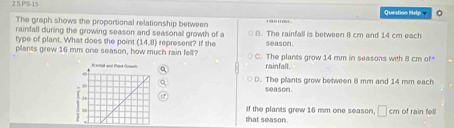 2.5.PS-15
Question Help a
The graph shows the proportional relationship between ''''''''
rainfall during the growing season and seasonal growth of a B. The rainfall is between 8 cm and 14 cm each
type of plant. What does the point (14,8) represent? If the season.
plants grew 16 mm one season, how much rain fell? C The plants grow 14 mm in seasons with 8 cm of*
rainfall.
D. The plants grow between 8 mm and 14 mm each
season.
If the plants grew 16 mm one season, □ cm
of rain fell
that season.