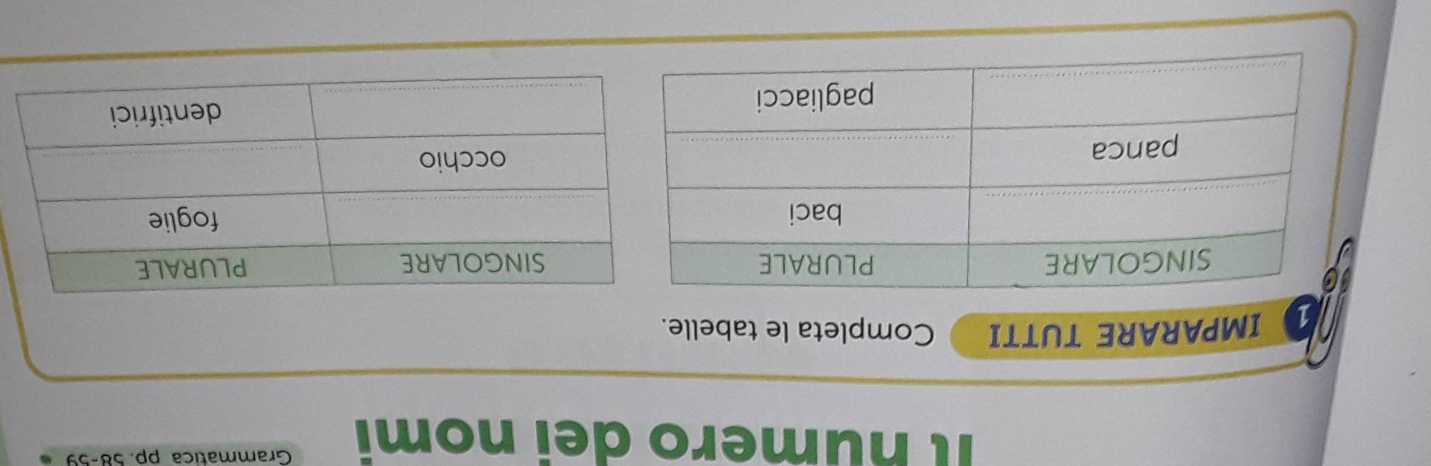 Il numero dei nomi Grammatica pp. 58-59
1 IMPARARE TUTTI Completa le tabelle.