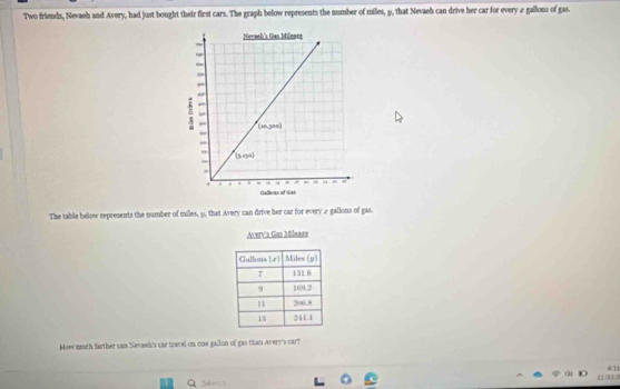 Two friends, Nevaeh and Avery, had just bought their first cars. The graph below represents the number of miles, 9, that Nevaeh can drive her car for every a gallons of gas. 
The table below represents the number of miles, 9, that Avery can drive her car for every 2 gallons of gas. 
Moer much farther can Nevael's car travel on one gallon of gas than Avery's car? 
611 
Qsercs 1