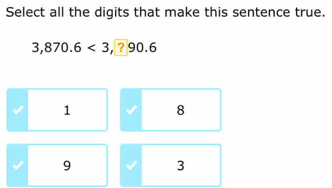 Select all the digits that make this sentence true.
3,870.6<3</tex>, ? 9 0.6
1
8
9
3