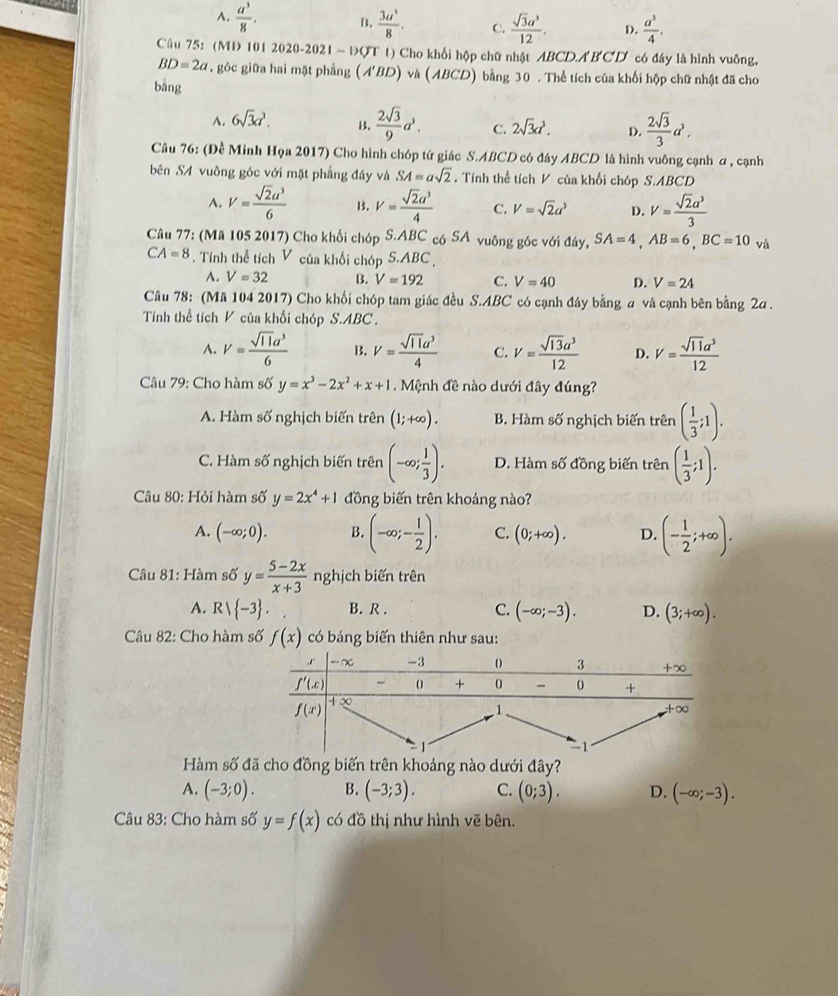 A.  a^3/8 . B.  3a^3/8 . C.  sqrt(3)a^3/12 .  a^3/4 .
D.
Cầu 75: (N 1> 1(1 2020-2021-1>QT t) Cho khối hộp chữ nhật ABCD.ABCD có đây là hình vuông,
BD=2a , góc giữa hai mặt phẳng (A'BD) và (ABCD) bằng 30 . Thể tích của khối hộp chữ nhật đã cho
bǎng
A. 6sqrt(3)a^3.
B.  2sqrt(3)/9 a^3. C. 2sqrt(3)a^3, D.  2sqrt(3)/3 a^3.
Câu 76: (Đề Minh Họa 2017) Cho hình chóp tứ giác S.ABCD có đây ABCD là hình vuông cạnh α , cạnh
bên S4 vuông góc với mặt phẳng đáy và SA=asqrt(2). Tính thể tích V của khối chóp S.ABCD
A. V= sqrt(2)a^3/6  B. V= sqrt(2)a^3/4  C. V=sqrt(2)a^3 D. V= sqrt(2)a^3/3 
Câu 77: (Mã 105 2017) Cho khối chóp S.A BC có SA vuông góc với đáy, SA=4,AB=6,BC=10 và
CA=8. Tính thể tích V của khối chóp S, ABC
A. V=32 B. V=192 C. V=40 D. V=24
Câu 78: (Mã 104 2017) Cho khối chóp tam giác đều S.ABC có cạnh đáy bằng a và cạnh bên bằng 2a .
Tính thể tích V của khối chóp S.ABC .
A. V= sqrt(11)a^3/6  B. V= sqrt(11)a^3/4  C. V= sqrt(13)a^3/12  D. V= sqrt(11)a^3/12 
âu 79: Cho hàm số y=x^3-2x^2+x+1 Mệnh đề nào dưới đây đúng
A. Hàm số nghịch biến trên (1;+∈fty ). B. Hàm số nghịch biến trên ( 1/3 ;1).
C. Hàm số nghịch biến trên (-∈fty ; 1/3 ). D. Hàm số đồng biến trên ( 1/3 ;1).
* Câu 80: Hỏi hàm số y=2x^4+1 đồng biến trên khoảng nào?
A. (-∈fty ;0). C. (0;+∈fty ). D. (- 1/2 ;+∈fty ).
B. (-∈fty ;- 1/2 ).
* Câu 81: Hàm số y= (5-2x)/x+3  nghịch biến trên
A. Rvee  -3 . B. R . C. (-∈fty ;-3). D. (3;+∈fty ).
Câu 82: Cho hàm số f(x) có báng biến thiên như sau:
Hàm số đã cho đồng biến trên khoảng nào dưới đây?
A. (-3;0). B. (-3;3). C. (0;3). D. (-∈fty ;-3).
Câu 83: Cho hàm số y=f(x) có đồ thị như hình vẽ bên.