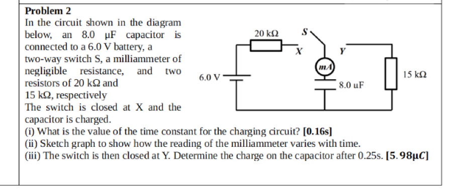 Problem 2 
In the circuit shown in the diagram 
below, an 8.0 μF capacitor is 
connected to a 6.0 V battery, a 
two-way switch S, a milliammeter of 
negligible resistance, and two 
resistors of 20 kΩ and
15 kΩ, respectively 
The switch is closed at X and the 
capacitor is charged. 
(i) What is the value of the time constant for the charging circuit? [ 0.16s ] 
(ii) Sketch graph to show how the reading of the milliammeter varies with time. 
(iii) The switch is then closed at Y. Determine the charge on the capacitor after 0.25s. [ 5.98μC ]