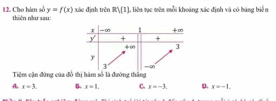 Cho hàm số y=f(x) xác định trên Rvee  1 +, liên tục trên mỗi khoảng xác định và có bảng biển
thiên như sau:
Tiệm cận đứng của đồ thị hàm số là đường thắng
A. x=3. B. x=1. C. x=-3. D. x=-1.