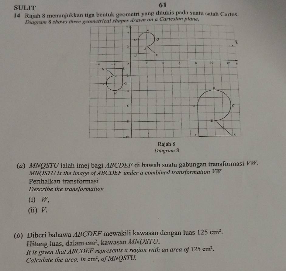 SULIT 
61 
14 Rajah 8 menunjukkan tiga bentuk geometri yang dilukis pada suatu satah Cartes. 
Diagram 8 shows thredrawn on a Cartesian plane. 
Rajah 8 
Diagram 8 
(α) MNQSTU ialah imej bagi ABCDEF di bawah suatu gabungan transformasi VW.
MNQSTU is the image of ABCDEF under a combined transformation VW. 
Perihalkan transformasi 
Describe the transformation 
(i) W, 
(ii) V. 
(b) Diberi bahawa ABCDEF mewakili kawasan dengan luas 125cm^2. 
Hitung luas, dalam cm^2 , kawasan MNQSTU. 
It is given that ABCDEF represents a region with an area of 125cm^2. 
Calculate the area, in cm^2 , of MNQSTU.