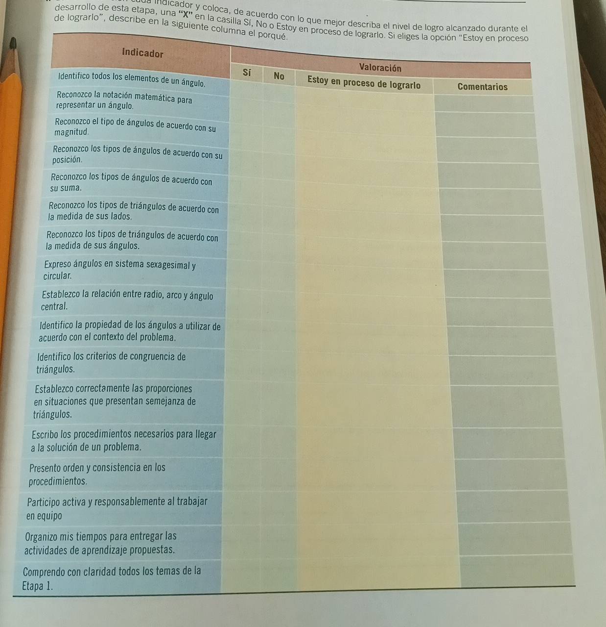 a indicador y coloca, de acuerdo con lo que mejor describa el nível de logro alcanzado durante el 
desarrollo de esta etapa, una “ X ” en la casílla Sí, No o Estoy en proc 
de lograrlo", describe en la siguiente column 
p 
P 
e 
O 
ac 
C 
Et