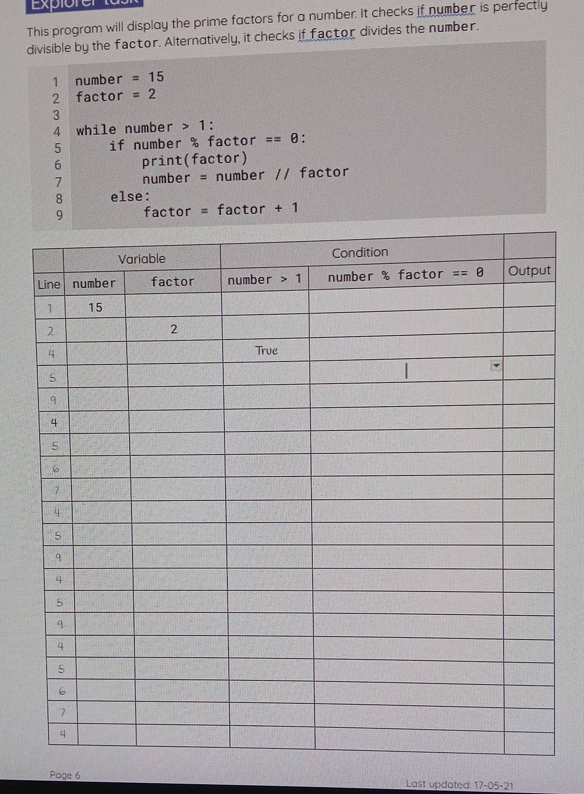 Exploren
This program will display the prime factors for a number. It checks if number is perfectly
divisible by the factor. Alternatively, it checks if factor divides the number.
1 number =15
2 factor =2
3
4 while number a 1:
5 if number % factor ==θ.
6
print(factor)
7 number = number // factor
8 else:
9 factor = factor +1
Page 6 Last updated: 17-05-21