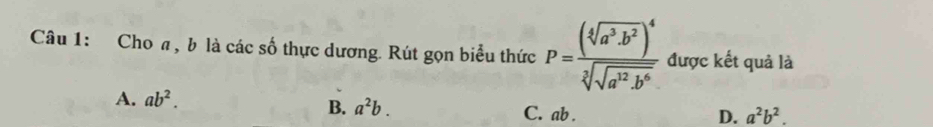 Choa, b là các số thực dương. Rút gọn biểu thức P=frac (sqrt[4](a^3· b^2))^4sqrt[3](sqrt a^(12)· b^6) được kết quả là
B. a^2b.
A. ab^2. C. ab.
D. a^2b^2.